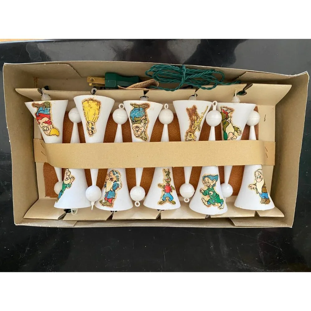 Vintage Shiny Brite Italian Fancy Christmas Lights Snow White Themed 7 Dwarfs Wo
